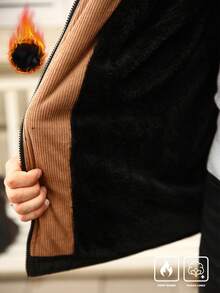 Manfinity Homme 加大码男士户外保暖拉链长袖灯芯绒衬里棉服，适合秋冬季 - 黑色 - 查看 6