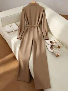 SHEIN Franclia 女士时尚休闲百搭衬衫领长袖系带阔腿连体裤，秋季 - 卡其色 - 查看 2