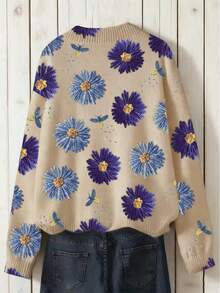 SHEIN LUNE 3D 花卉印花女式休闲宽松圆领长袖毛衣，秋冬 - 彩色 - 查看 2