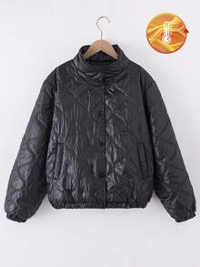 SHEIN Teen GirlCasual All-Match Versatile Quilted Stand Collar Warm Padded Coat, Suitable For Daily Commute, Autumn/Winter - Black - View 2
