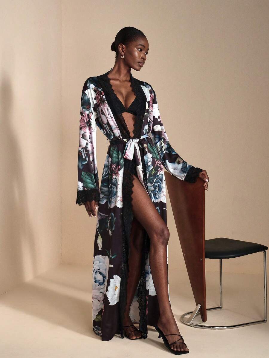 JIAN LASALA Floral Print Satin Silk-Like Elegant Women Loose Maxi Robe With Lace Trim Long Bell Sleeves Luxury Stylish Clothing Collection Floral Robe Curve Robe Mesh Robe Robe Long Sleeve Long Sleeve Robe Women Floral Robe Long Robe - Multicolor - View 1