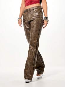 SUMWON WOMEN Faux Suede Low Rise Flare Trousers With Zipper Details For Festival Vintage Style - Brown - View 1