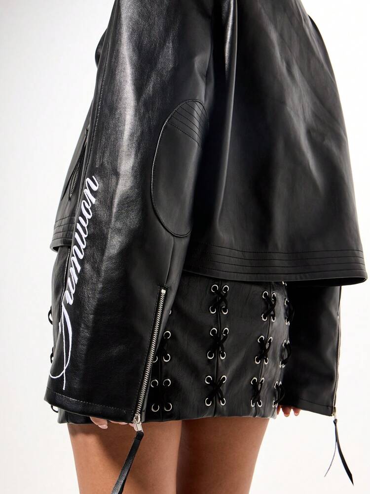 SUMWON WOMEN Oversized Leather Moto Jacket With Script Print