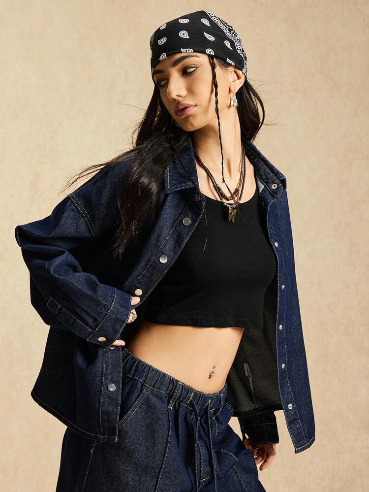 Easelle جاكيت جينز نسائية كاجوال فضفاضة ذات صف أزرار واحد، للربيع/الخريف - أزرق داكن - مشاهدة 7