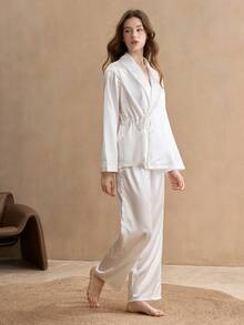 EverLounge 秋季两件套缎面系带长袖上衣和裤子女士睡衣套装 白色 Old Money，秋冬服装 - 杏色 - 查看 4