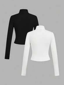 SHEIN 青少年女孩百搭休闲百搭拉链两件套/多件套 - 黑與白 - 查看 2