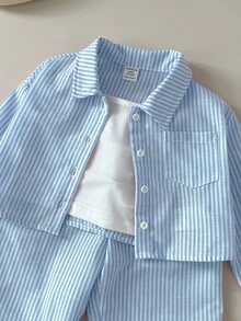 3 件套女婴条纹衬衫、松紧腰裤和吊带背心，春夏 - 藍色 - 查看 6