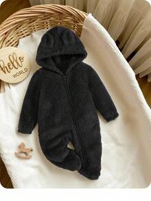 SHEIN Baby Boy 3D Ear Design Hooded Zipper Flannel Sleep Jumpsuit - Black - View 1