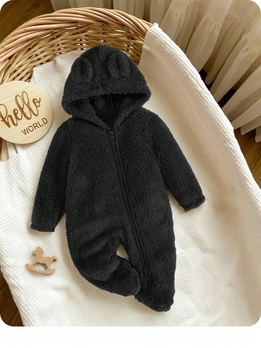 SHEIN Baby Boy 3D Ear Design Hooded Zipper Flannel Sleep Jumpsuit - Black - View 1