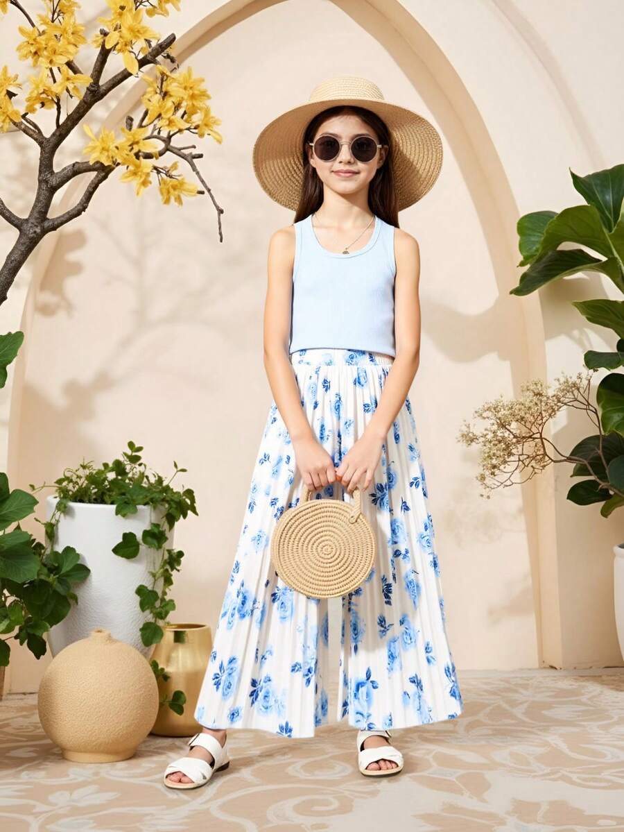 青少年女孩夏季纯色圆领上衣和花卉印花褶皱阔腿裤假日休闲两件套服装、假日、夏季、旅行 - 淺藍色 - 查看 1
