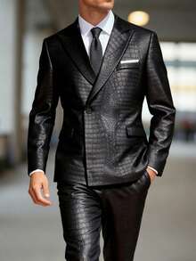 Manfinity AFTRDRK Men's Elegant Single-Button Textured Jacquard Suit Set With Pants, Suitable For Daily Commute, Business, Party And Banquet Wear. This Suit Set Is An Indispensable Versatile Item In A Man's Wardrobe, And Makes A Great Gift For A Boyfriend Or Husband. Men Double Breasted Suit Men Black Suit Set Luxury Clothes For Men Jacket Suit For Men Gala Modern Men Blazer Suit - Black - View 3