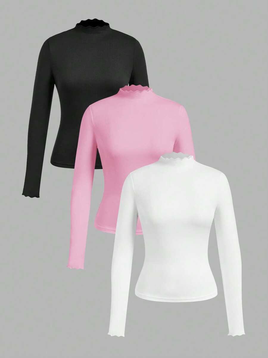 SHEIN EZwear 3件套黑色、粉色、白色休闲简约长袖紧身T恤,秋冬 - 彩色 - 查看 1