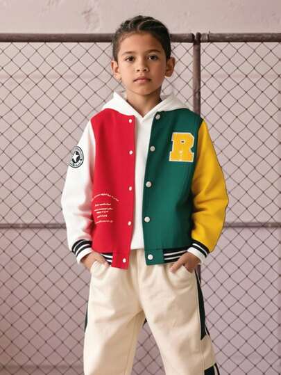 SHEIN Explorewe 男大童標語圖案撞色學院風夾克無連帽衫