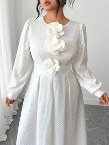Elenzga Plus Size Women Elegant White Silky Midi Dress For Civil Wedding Bride,Autumn Textured Lace Lantern Sleeve Round Neck With 3D Floral Decor At Chest - White - View 6