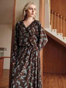 Uhlyne Uhlyne Minimalist French Velvet Retro Printed Pleated Waist Long Sleeve Dress,Autumn/Winter V-Neck Bat Wing Sleeve,Dark Brown,Autumn,Retro,Tea Party - Brown - View 7