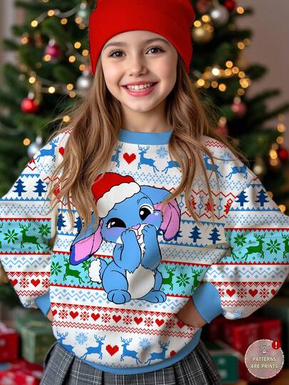 Merry Christmas, Tween Girl Cute & Funny Cartoon Christmas Blue Rabbit Stitch Pattern, Fair Isle Print Loose Crew Neck Comfortable Long Sleeve Sweatshirt, Suitable For Autumn/Winter Kids Christmas Sweater Sweater For Tweens Teen Christmas Pajamas Teen Girls Christmas Sweatshirts Sweaters For Tween