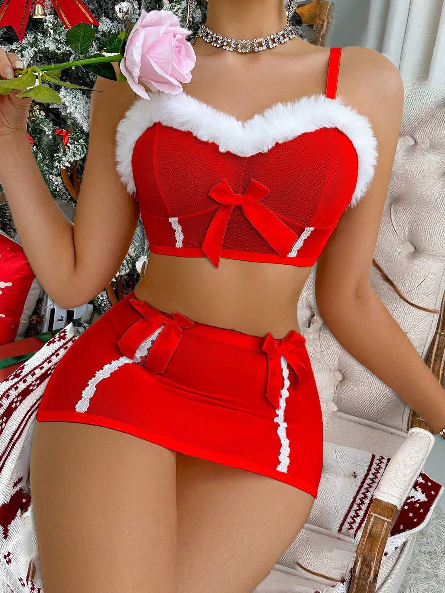 SHEIN 2件套圣诞女士性感内衣套装 - 紅白色 - 查看 1