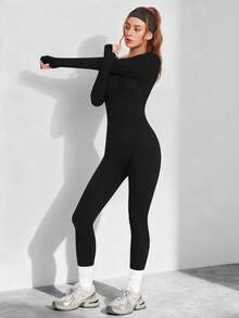 Dewbera 1 buah Jumpsuit/Romper Tanpa Jahitan Warna Hitam Dasar dengan Desain Bergaris, Menyerap Keringat, Cocok untuk Olahraga, Kebugaran, dan Yoga - Hitam - View 3