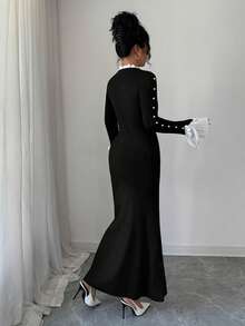 Livesso Women's Autumn High Collar Pearl Decor Fitted Sweater Dress