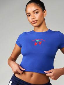 Missguided x Playboy Áo thun crop top in họa tiết quả anh đào cho bé mùa hè Y2k, áo thun cotton cơ bản, phong cách lễ hội, trang phục thường ngày, phong cách đường phố - Màu xanh lam - Xem 4