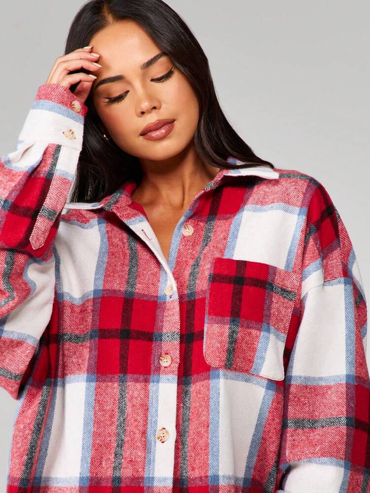 MISSGUIDED Oversized Plaid Flannel Button Down Long Sleeve Shirt Fall Winter Casual Streetwear