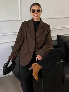 Livesso Chaqueta larga de manga larga marrón holgada casual para mujer, abrigos de mujer de otoño