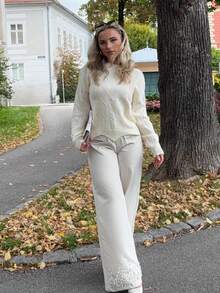 Jeta Ari Suéter de punto de cable con hombros caídos, tops de manga larga para otoño/invierno - Beis - Ver 5