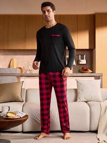 Manfinity Underwear&Sleepwear Basics 男士格子印花拼接口袋长袖上衣和宽松长裤睡衣套装，秋冬服装，圣诞节 - 黑色 - 查看 3