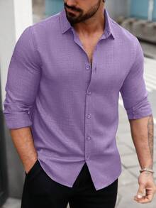 Manfinity Homme Men's Solid Color Fashion Front Button Casual Versatile Long Sleeve Striped Shirt - Violet Purple - View 5
