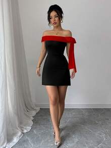 Rafferiza Váy ngắn hở vai thắt eo thắt nơ thanh lịch dành cho nữ, mùa hè - Đỏ và đen - Xem 3