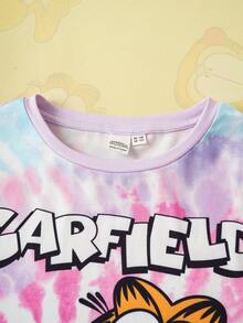 GARFIELD | SHEIN Tween Girl Cartoon Cat Print Tie-Dye Drop Shoulder Long Sleeve Knit T-Shirt - Pink - View 3