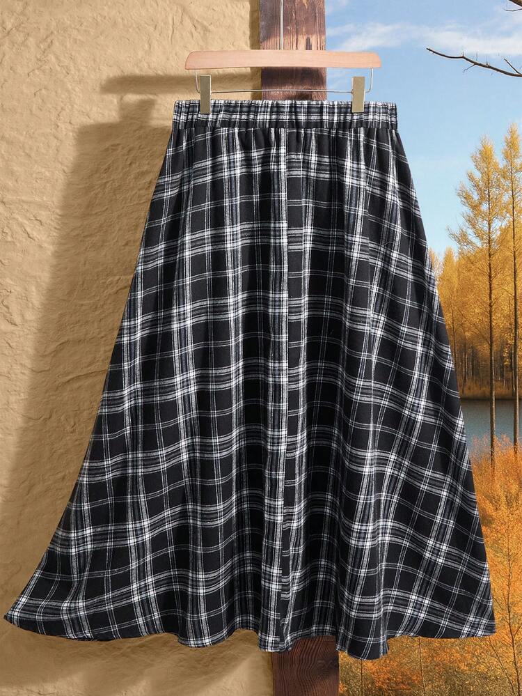 プラスサイズ女性カントリーカジュアルチェック柄ウエストゴム フレアスカート、冬の女性服チェック柄スカート ウィメンズタータンスカート ロングスカート 冬