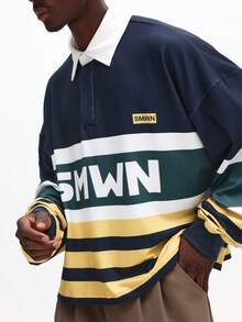 SUMWON Herren Regular Fit Rugby Poloshirt Farbblock Langarm Kragen Top mit Markenlogo Muster Lässig - Verschiedenfarbig - Übersicht 5
