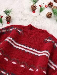 GENKIRA Geometric Textured Jacquard Casual Loose Dropped Shoulder Crew Neck Sweater - Red - View 4