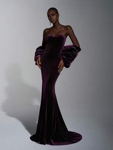 Elitara Gaun Pesta Formal Beludru Ungu Tua Elegan, Lengan Kelelawar dengan Hiasan Berlian Imitasi, Tanpa Punggung, Ekor Gaun Ekor Ikan, Gaun Acara Pernikahan Minimalis - Burgundy - View 2