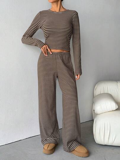 SHEIN Tall Women's Brown Stripe Casual Lounge Pajama Set,Includes Crew Neck Long Sleeve Tee And Loose Straight Leg Pants,Autumn Two Pieces Set For Daily Wear