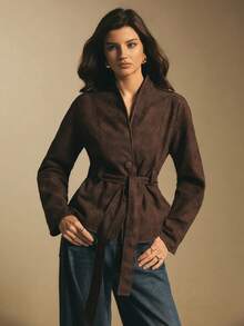 Poéselle Brown Belted Faux Suede Jacket For Women - Long Sleeve Wrap Coat, Soft Minimalist Lightweight Outerwear,Women's Fashion Waist Belt Long Sleeve Button Jacket Women Fall Clothes Brown Blazer Women Women S Fall Clothes Chocolate Brown Top - Chocolate Brown - View 5