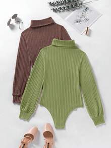 SHEIN 2pcs Set Bodysuit, Colorful Design, Comfortable Autumn/Winter Base Layer Bodysuit - Brown - View 2