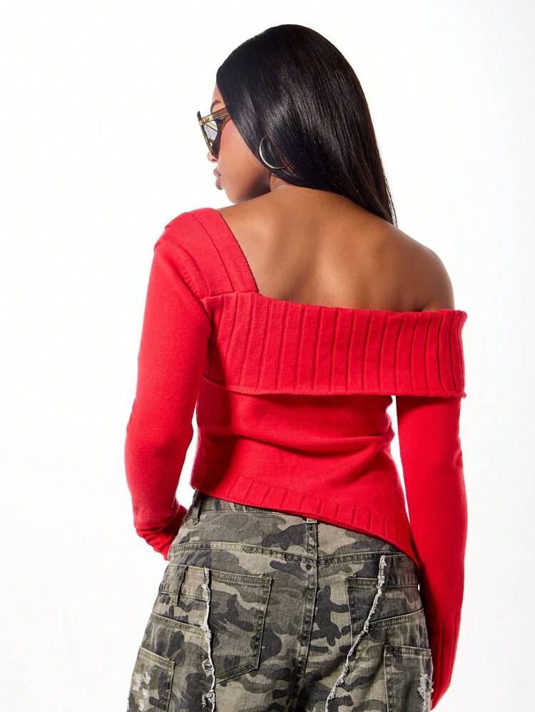 SUMWON WOMEN Off Shoulder Ribbed Knit Top With Buckle