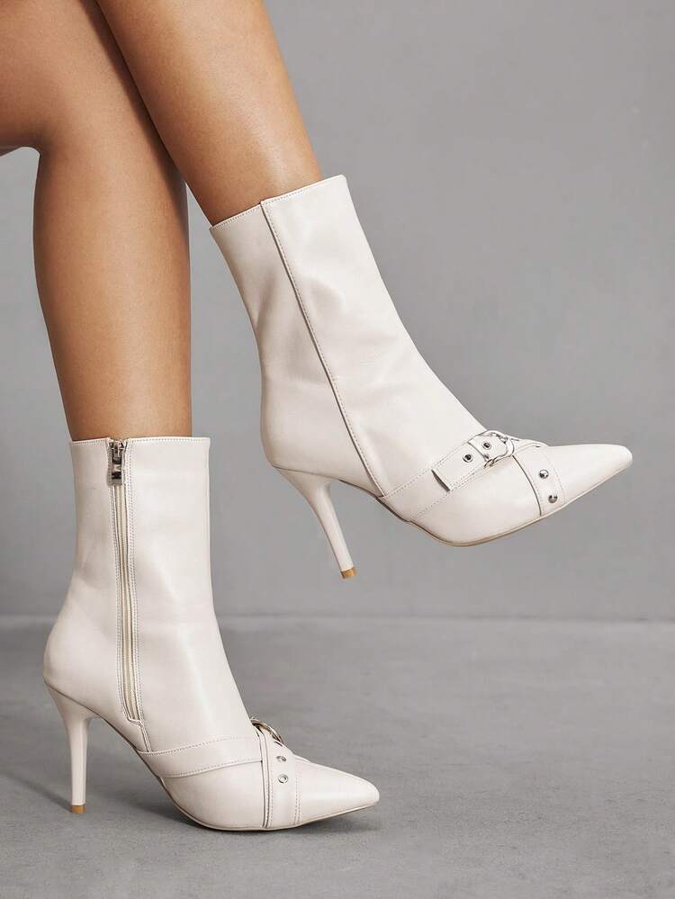 CUCCOO SZL Women's Pointed Toe Stiletto Buckle Sexy Elegant Fashion Mid-Calf Boots