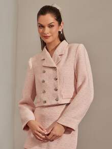 Enchnt Áo khoác blazer ve lệch hai hàng khuy thanh lịch dành cho nữ, mùa thu - Hồng - Xem 4