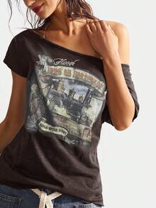 Bohemela BOHO Music Festival Casual Solid Color Knit Asymmetrical Neck Short Sleeve T-Shirt For Women - Black - View 6