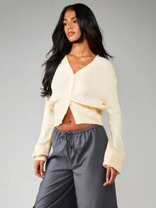 MISSGUIDED Cardigan scurt cu nasturi în față, talie striată și decolteu în V pentru purtare în straturi - Caisă - Vizualizare 3