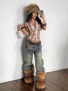 StreetHx Camisa ajustada con mangas cortas y estampado de cuadros azules para mujer - Naranja - Ver 3