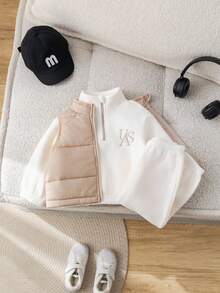 SHEIN 2 件套女婴可爱百搭保暖内衬连帽衫和裤子套装，秋冬 - 卡其色 - 查看 5