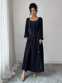 Modelyn Vestido de punto de manga larga ajustado con parches y adornos de strass, adecuado para salir y citas - Negro - Ver 5