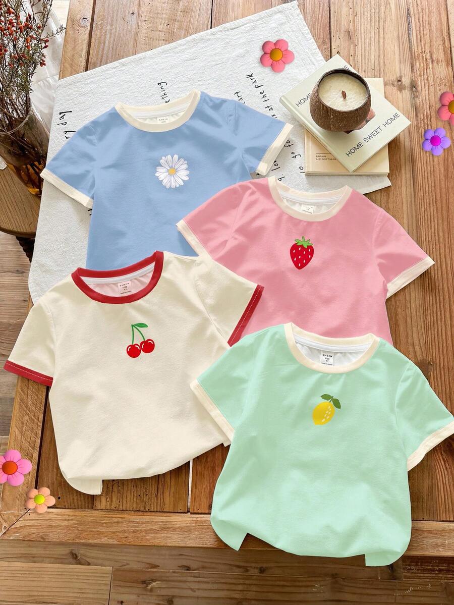 SHEIN 4件套年轻女孩休闲基本款圆领短袖T恤，春夏季 - 彩色 - 查看 1