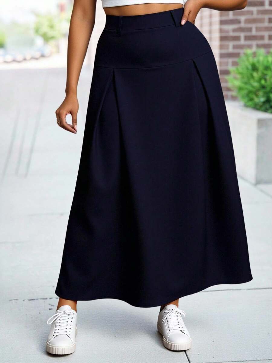 ReShift Plus Size Casual Solid Color Skirt - Navy Blue - View 1