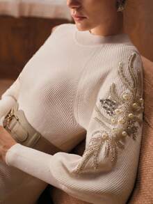 MOTF PREMIUM VESTIDO DE PUNTO DE LONGITUD MEDIA CON CINTURA BORDADA - Albaricoque - Ver 3