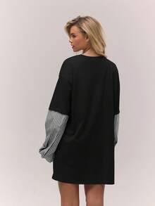 MUSERA Đầm thun ngắn tay kẻ sọc dáng rộng nhiều lớp, phong cách cổ điển, dễ thương, đồng quê, nhà tranh, thích hợp mặc đi học, màu caramel, thanh lịch. - màu đen - Xem 5